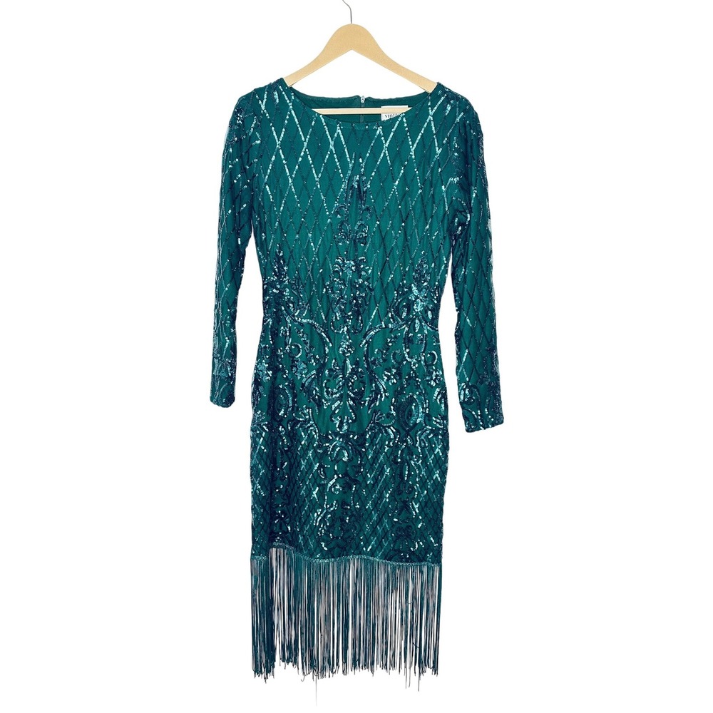 Unique Vintage Teal Sequin Fringe Mini Dress